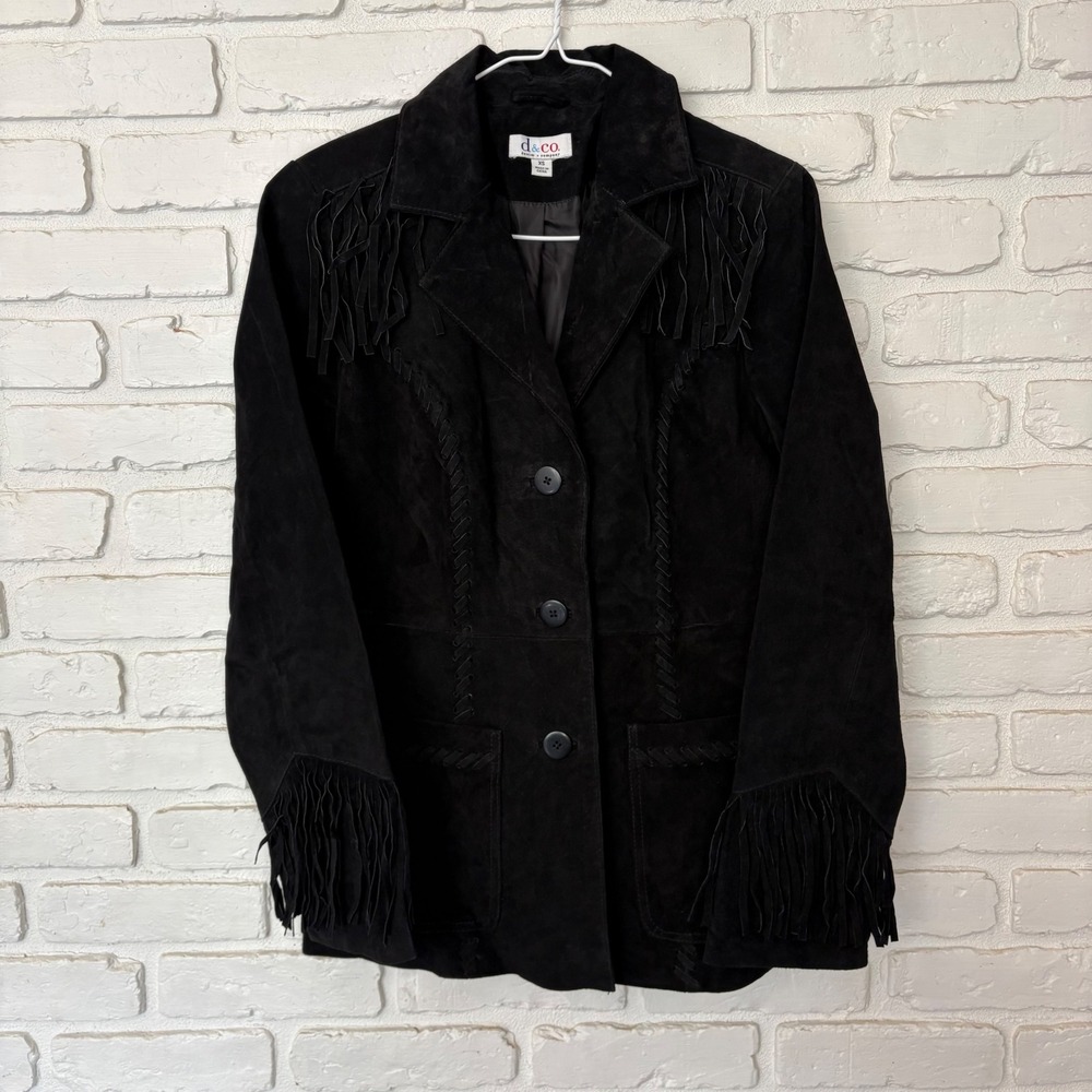 Vintage d. & co. Black Suede Fringe Jacket Western Boho Leather Jackey - Picture 3 of 7